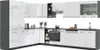 A modern, modular kitchen unit with white high-gloss cabinets and dark gray accents, arranged in an L-shape. It includes various cabinets, drawers, an oven, and a dishwasher. Produktbild-Vorschau
