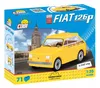 The image shows the packaging for a COBI Fiat 126p "Maluch" building set. The packaging features a prominent image of the yellow toy car with a cityscape in the background. It also includes branding, product name, scale, and piece count. Náhled obrázku produktu