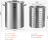A stainless steel stock pot and a perforated insert are shown with dimensions and product details. Voir les images du produit