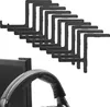 A stack of black headset holders is shown against a white background, with a close-up of one holder attached to a monitor and holding a headset in the foreground. Produktbild-Vorschau
