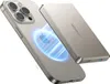 A silver iPhone is shown with a magnetic power bank attached to its back, with a blue glowing effect indicating wireless charging. Produktbild-Vorschau