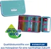 A teal pencil case, open and filled with colored pencils, a ruler, and other stationery, with a green "Made from Upcycled Wood" graphic. Anteprima dell’immagine prodotto