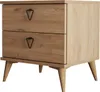 A wooden nightstand with two drawers and black triangular handles, shown from a slight angle against a white background. Produktbild-Vorschau