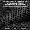 Close-up of black mesh fabric with text overlays and icons. Produktbild-Vorschau