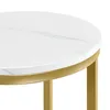 Close-up of the top edge of a round table with a white marble-patterned surface and a gold metal frame. Produktbild-Vorschau