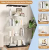 A glass display cabinet with multiple shelves, showcasing books, decorative items, and wine bottles. The cabinet is illuminated from above and has a mirrored back. The image is part of a marketing collage with text overlays and smaller inset images. Produktbild-Vorschau