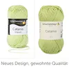 Two balls of light green yarn are shown side-by-side against a white and light gray background. The text "Neues Design, gewohnte Qualität" is below the yarn balls. Produktbild-Vorschau