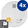 A white smoke detector is shown against a white background, with several graphic overlays indicating features. Produktbild-Vorschau