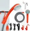 A collage of various components of a portable camping shower system, including the shower head, pump, hose, and accessories. Náhled obrázku produktu