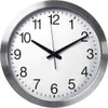 A close-up, front-facing view of a round analog wall clock with a silver frame and a white face. Voir les images du produit