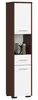 A tall, narrow bathroom cabinet with a dark brown frame and white doors and drawers.