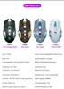 Four different colored computer mice are displayed in a row with their names and specifications listed below. Produktbild-Vorschau