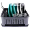 A dish drying rack filled with plates, cutlery, and glasses. Produktbild-Vorschau