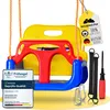 A colorful baby swing set with accessories and certification labels. Produktbild-Vorschau
