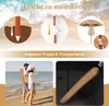 Collage showing beach umbrella assembly, a couple on the beach with the umbrella, and the umbrella in a car trunk. Náhled obrázku produktu