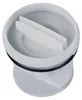 A white washing machine pump filter with a black rubber seal. Produktbild-Vorschau