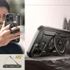 A collage of images showing an iPhone case with a ring holder and kickstand, demonstrating its features. Produktbild-Vorschau