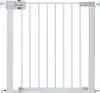 A white metal safety gate with vertical bars and a locking mechanism on the left side. Produktbild-Vorschau