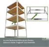 A metal shelving unit with wooden shelves, shown from the front, with an inset close-up highlighting a reinforcing bar. Produktbild-Vorschau