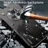 A smartphone case is shown with a hammer about to strike it, surrounded by shattered glass, illustrating its durability. The text "High hardness backplane" is visible at the top. Produktbild-Vorschau