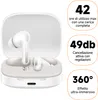 A pair of white wireless earbuds in an open charging case, with marketing text overlays highlighting features. Náhled obrázku produktu