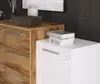A close-up view of a white glossy cabinet next to a wooden dresser, with books stacked on top of the cabinet. Náhľad obrázku produktu
