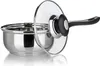 A stainless steel pot with a glass lid and black handle, shown on a white background. Produktbild-Vorschau