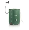A green foldable rainwater tank with measurement markings and a tap, connected to a shower head via a hose. Produktbild-Vorschau
