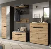A modern hallway with a wardrobe set, including a tall cabinet with a mirrored door, a bench with storage, a coat rack, and a chest of drawers. Produktbild-Vorschau