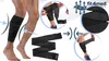 Collage showing a person wearing a compression bandage on their calf, a close-up of the bandage material, and an illustration of its application. Produktbild-Vorschau