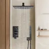 A modern black shower system with a rain showerhead and a handheld showerhead, with water flowing from the rain showerhead. A digital control panel is mounted on the wall next to the showerheads. Shelves with toiletries are visible in the background. Náhled obrázku produktu