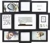 A black collage photo frame with multiple picture openings, displaying various images and text. Produktbild-Vorschau