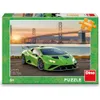 The image shows the packaging of a DINO puzzle featuring a green Lamborghini car parked in front of a bridge and city skyline at sunset. Náhľad obrázku produktu