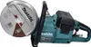 A teal and silver Makita battery-powered cut-off saw with a large cutting disc. Voir les images du produit