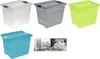 A collage of different colored storage boxes, with some showing interior organization. Produktbild-Vorschau