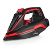 A black and red steam iron with its charging base. Voir les images du produit