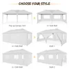 A collage of different configurations of a white pop-up canopy tent with side walls and windows. Voir les images du produit