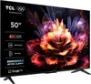 A TCL television displaying a colorful abstract image, with product specifications listed on the left side. Voir les images du produit