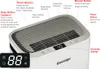 A close-up view of the top and front of a white dehumidifier, with labels pointing to various buttons and indicators. Produktbild-Vorschau