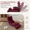 A split image showing a burgundy floor chair in different positions and a lifestyle shot of the chair in a room. Podgląd zdjęcia produktu