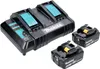 A black Makita dual battery charger with two 18V batteries next to it, on a white background. Produktbild-Vorschau