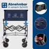 An image showing a foldable wagon with features highlighted by text and icons, and close-up shots of its material and a locking mechanism. Produktbild-Vorschau