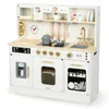 A white wooden toy kitchen with various accessories and interactive elements, presented in a studio setting against a white background. Produktbild-Vorschau