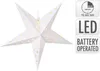A white paper star lantern with gold star cutouts, illuminated from within, is shown against a white background. To the right are three informational graphics detailing its features. Náhled obrázku produktu