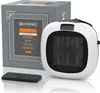 A white Brandson plug-in socket heater with a remote control and its packaging are displayed on a white background. Náhled obrázku produktu