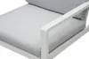 A close-up view of a section of a modern outdoor lounge chair with light gray cushions and a white frame. Produktbild-Vorschau