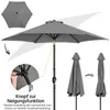 A diagram showing a gray patio umbrella, its features, and how it folds. Produktbild-Vorschau