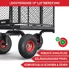 Close-up of the wheels and frame of a black garden cart, with marketing text overlays highlighting features. Produktbild-Vorschau