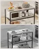 Two images showing a kitchen island shelf with various kitchen items on it, including a microwave, toaster, fruit bowl, and dishes. Produktbild-Vorschau