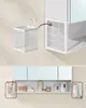 Collage showing a white mesh basket with hooks for hanging, and a bathroom cabinet with shelves holding toiletries and a hairdryer holder. Náhled obrázku produktu